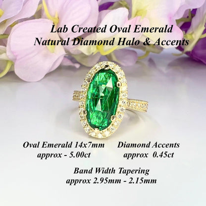 Elongated oval rose cut green emerald, diamond halo, engagement ring, 5.50ctw, 14k yellow gold