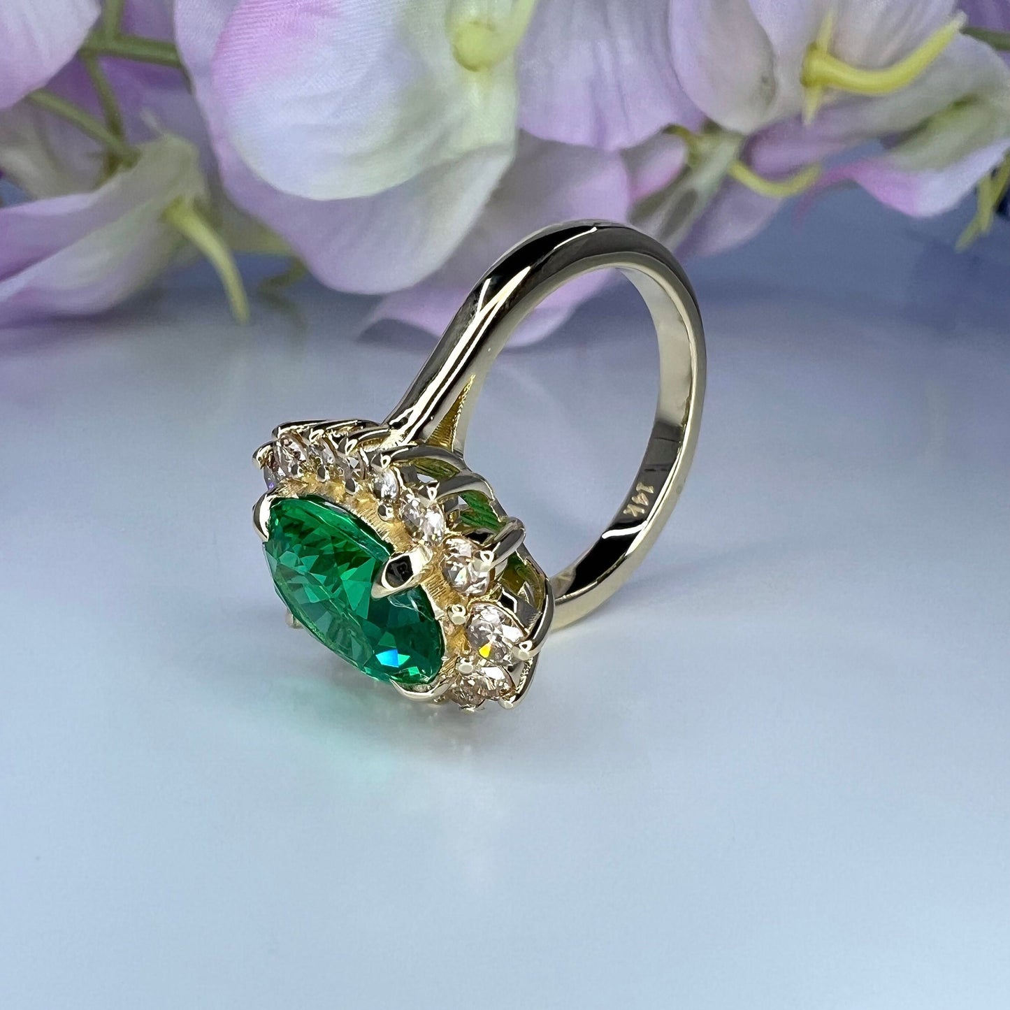 Emerald Engagement Ring With Champagne Color Diamonds Set In A Halo Design In 14K Yellow Gold 6604