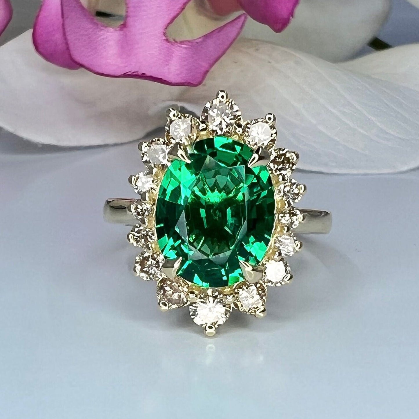 Emerald Engagement Ring With Champagne Color Diamonds Set In A Halo Design In 14K Yellow Gold 6604