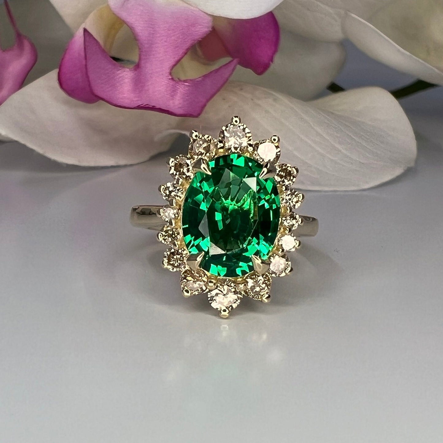 Emerald Engagement Ring With Champagne Color Diamonds Set In A Halo Design In 14K Yellow Gold 6604