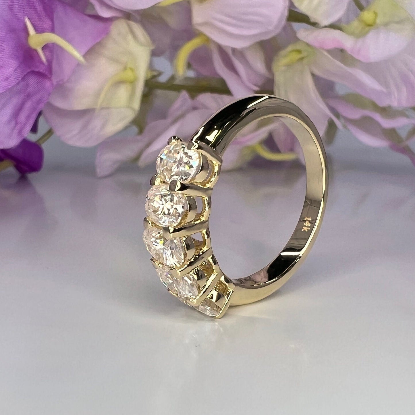 Certified Moissanite Oval 5 Stone Wedding Ring For Ladies, 14K White Gold Moissanite Anniversary Band  For Her, April Birthstone Ring