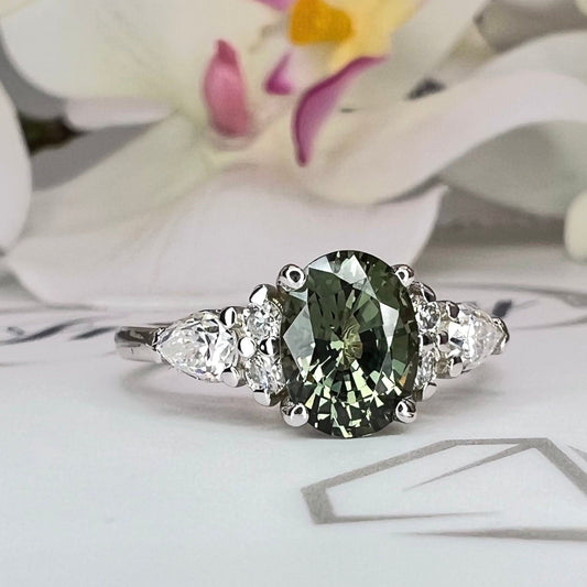 Oval Green Sapphire Engagement Ring 14K Solid Gold, Unique Vintage Oval Cluster Ring For Women, Olive Green Sapphire Engagement Rings #7207