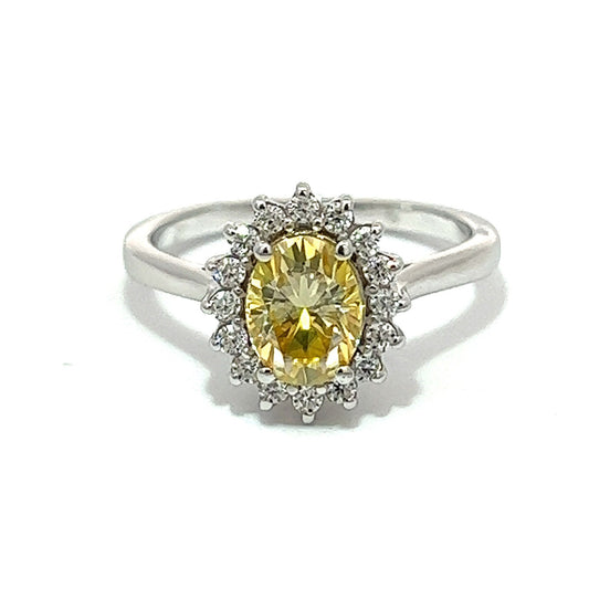 Yellow oval moissanite engagement ring 14k white gold, oval shaped wedding ring, halo engagement ring, Unique yellow moissanite ring,  #7757