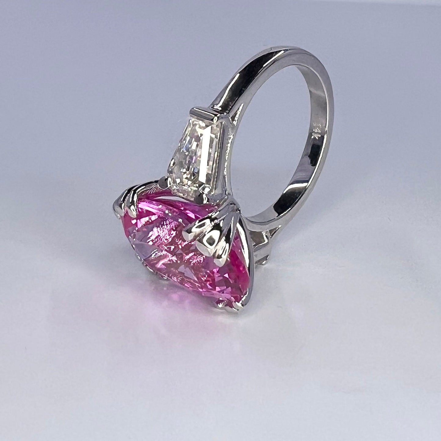 Pink Sapphire Oval Engagement Ring, 14k Yellow Gold Ring, Large Oval Engagement Ring, Three Stone Ring, Sapphire and Moissanite Ring,  #6364