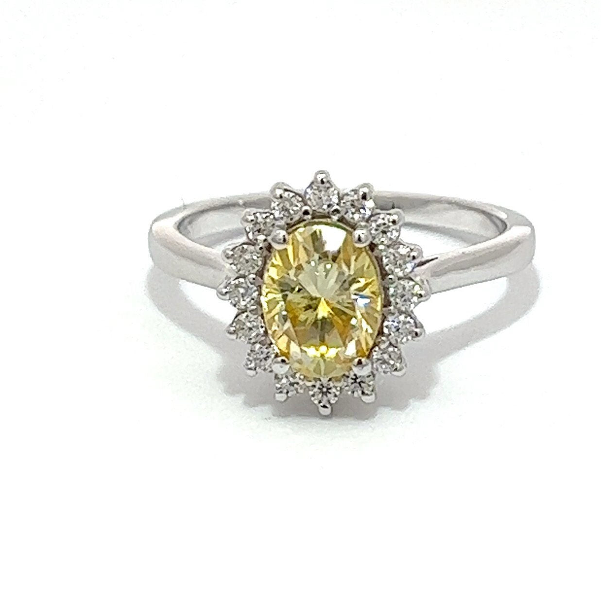 Yellow oval moissanite engagement ring 14k white gold, oval shaped wedding ring, halo engagement ring, Unique yellow moissanite ring,  #7757