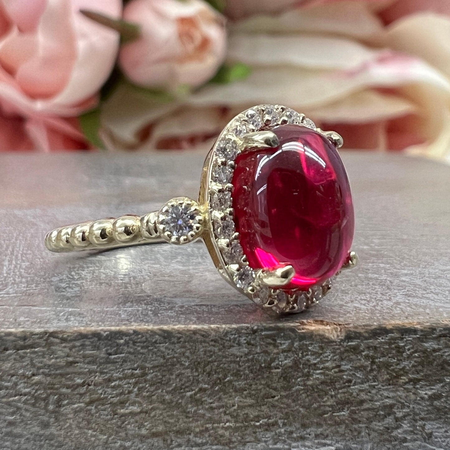 Vintage Oval Cabochon Ruby Engagement Ring 14K Solid Yellow Gold Unique Vintage Ruby Cabochon Wedding Anniversary Promise Bridal Ring  #7399