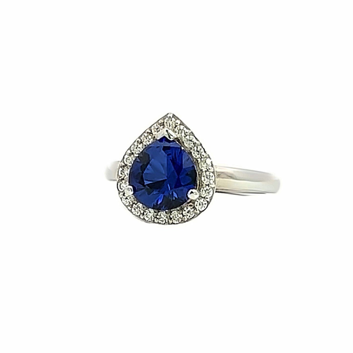 Pear shaped blue sapphire and moissanite engagement ring 14k solid gold, Moissanite halo sapphire wedding ring, September birthstone,  #8012