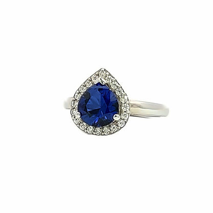 Pear shaped blue sapphire and moissanite engagement ring 14k solid gold, Moissanite halo sapphire wedding ring, September birthstone,  #8012