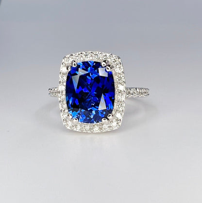 Elongated cushion cut rich blue sapphire engagement ring with Moissanite or Diamond Accents /  halo style setting  in 14k white gold#6550
