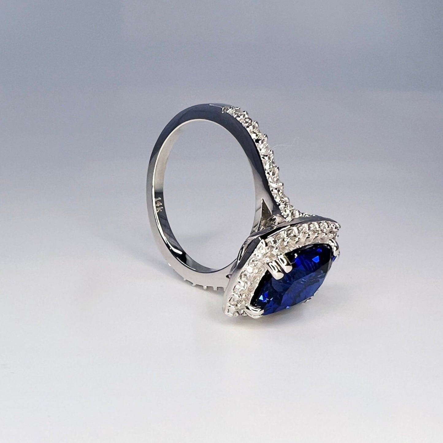 Elongated cushion cut rich blue sapphire engagement ring with Moissanite or Diamond Accents /  halo style setting  in 14k white gold#6550