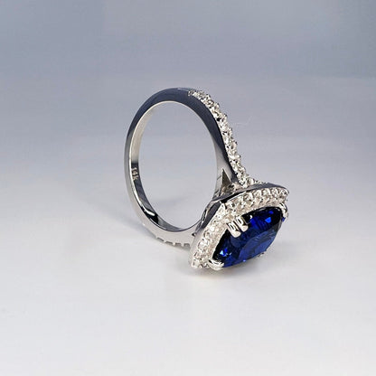 Elongated cushion cut rich blue sapphire engagement ring with Moissanite or Diamond Accents /  halo style setting  in 14k white gold#6550