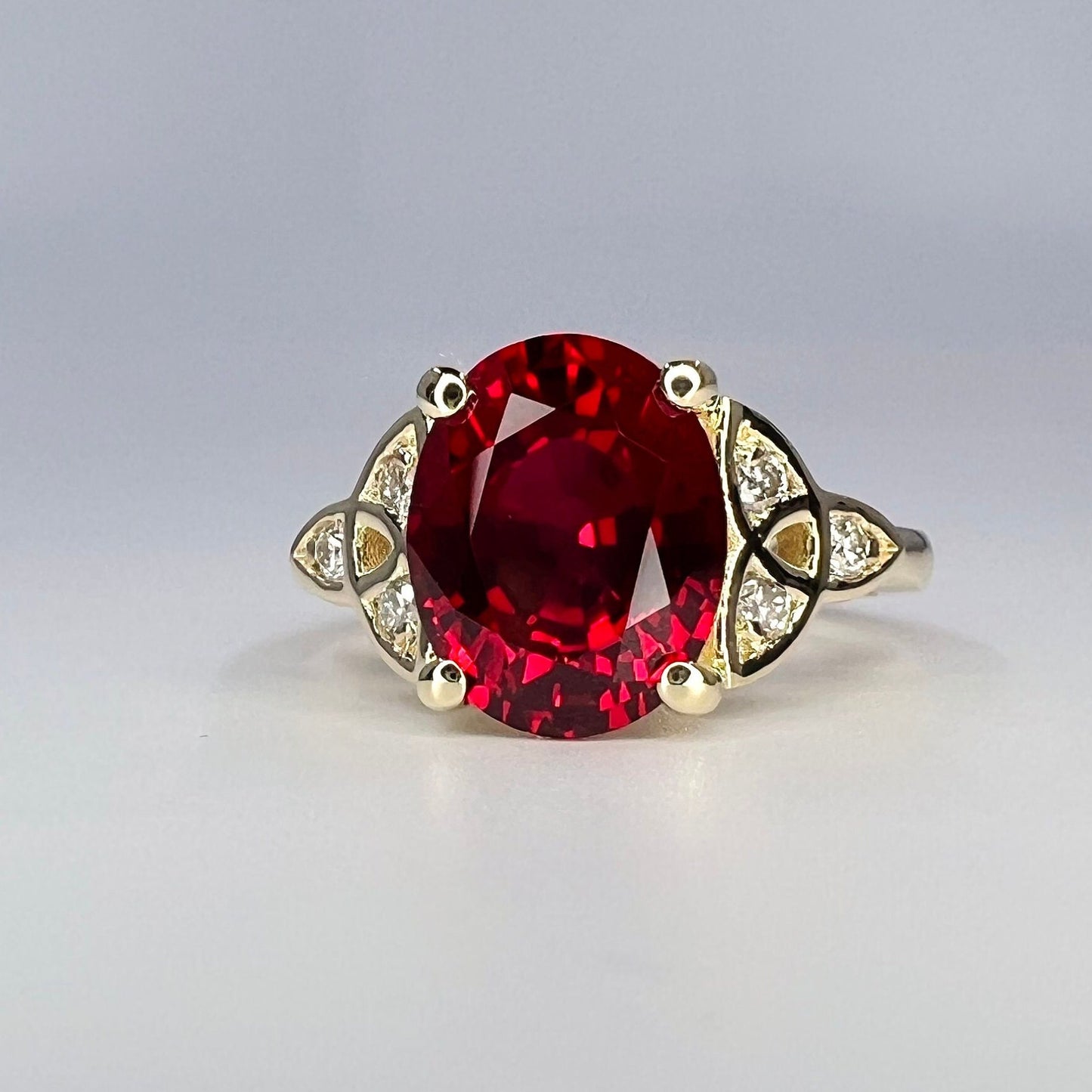 Oval Ruby Engagement Ring 14K White Gold Oval Cut Celtic Ruby Engagement Ring Triangle Ruby Moissanite Unique Promise Anniversary Ring #7308