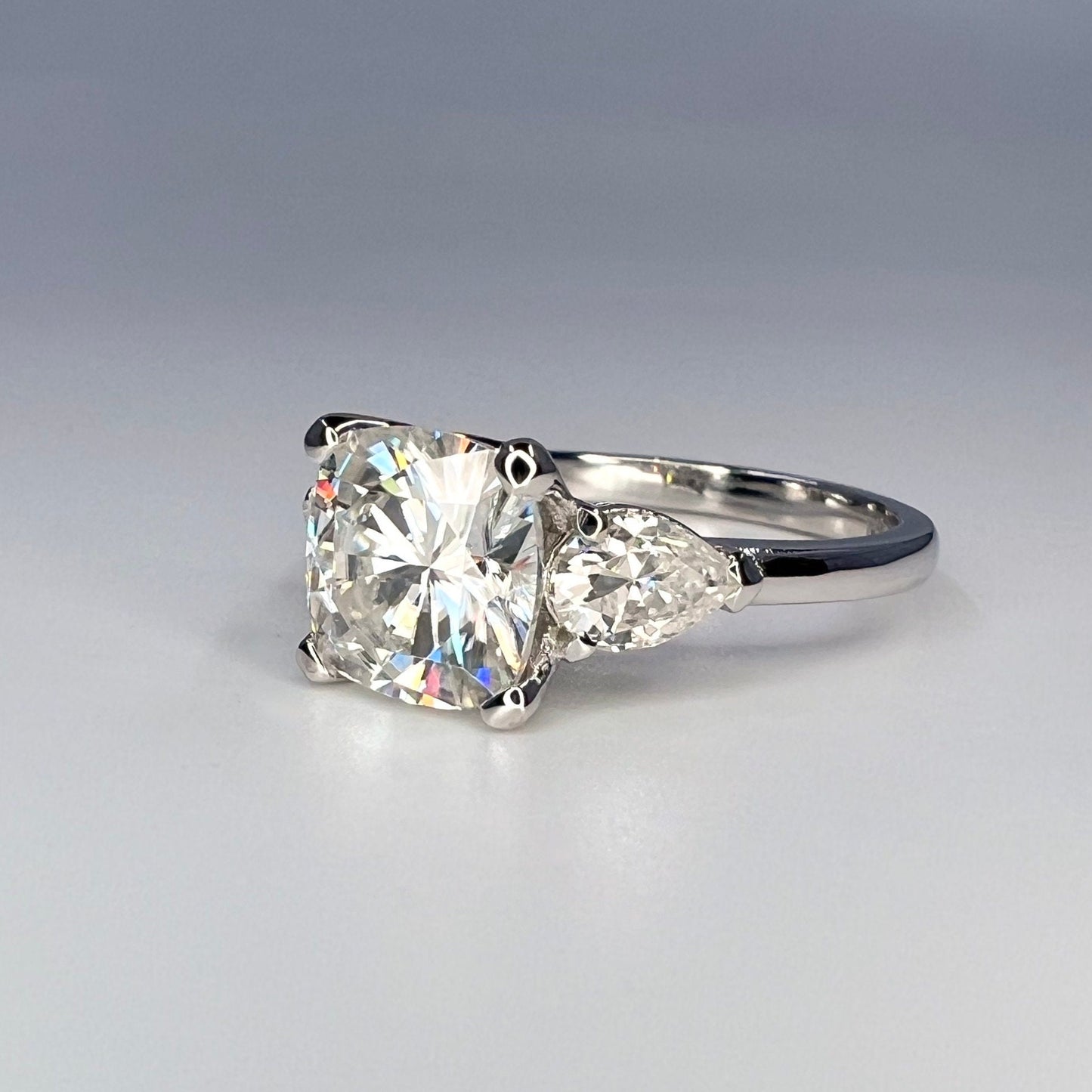 Moissanite Cushion Cut Engagement Ring, Enagaement Ring With Pear Shape Accents, Gift for her, 14K White Gold  #6751 #5256