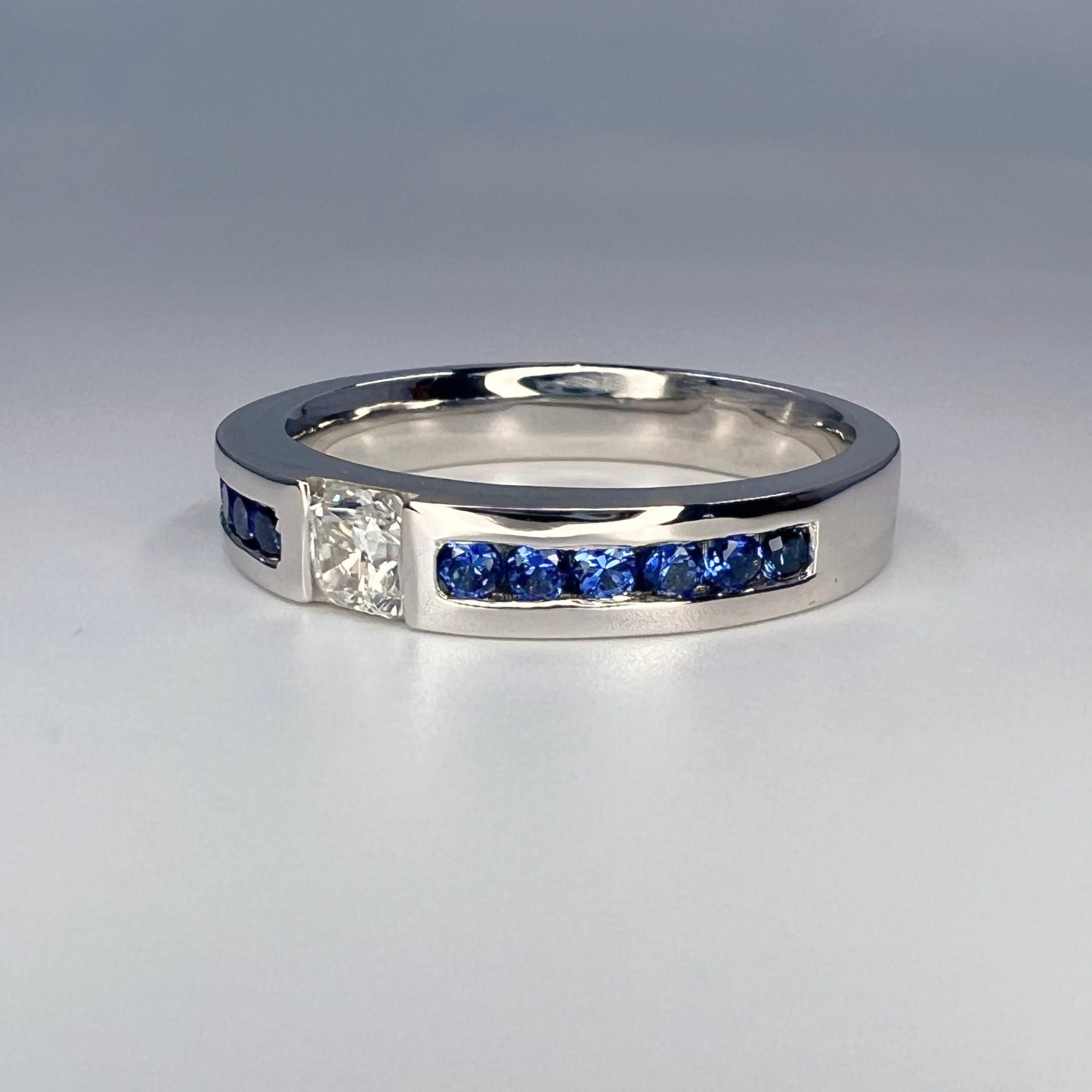 Mens Moissanite and Blue Sapphire Wedding Band 14K Solid Gold Mens White Gold Wedding Band, Wide Wedding Band, Blue Sapphire Mens Band #8183