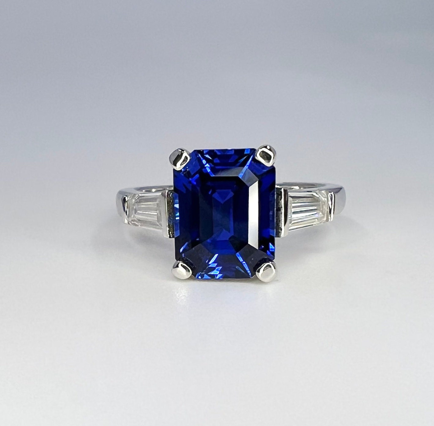 Emerald Cut Blue Sapphire Engagement Ring With Baguette Accents Set In 14k Yellow Gold 3.00 ctw #6802 #6803