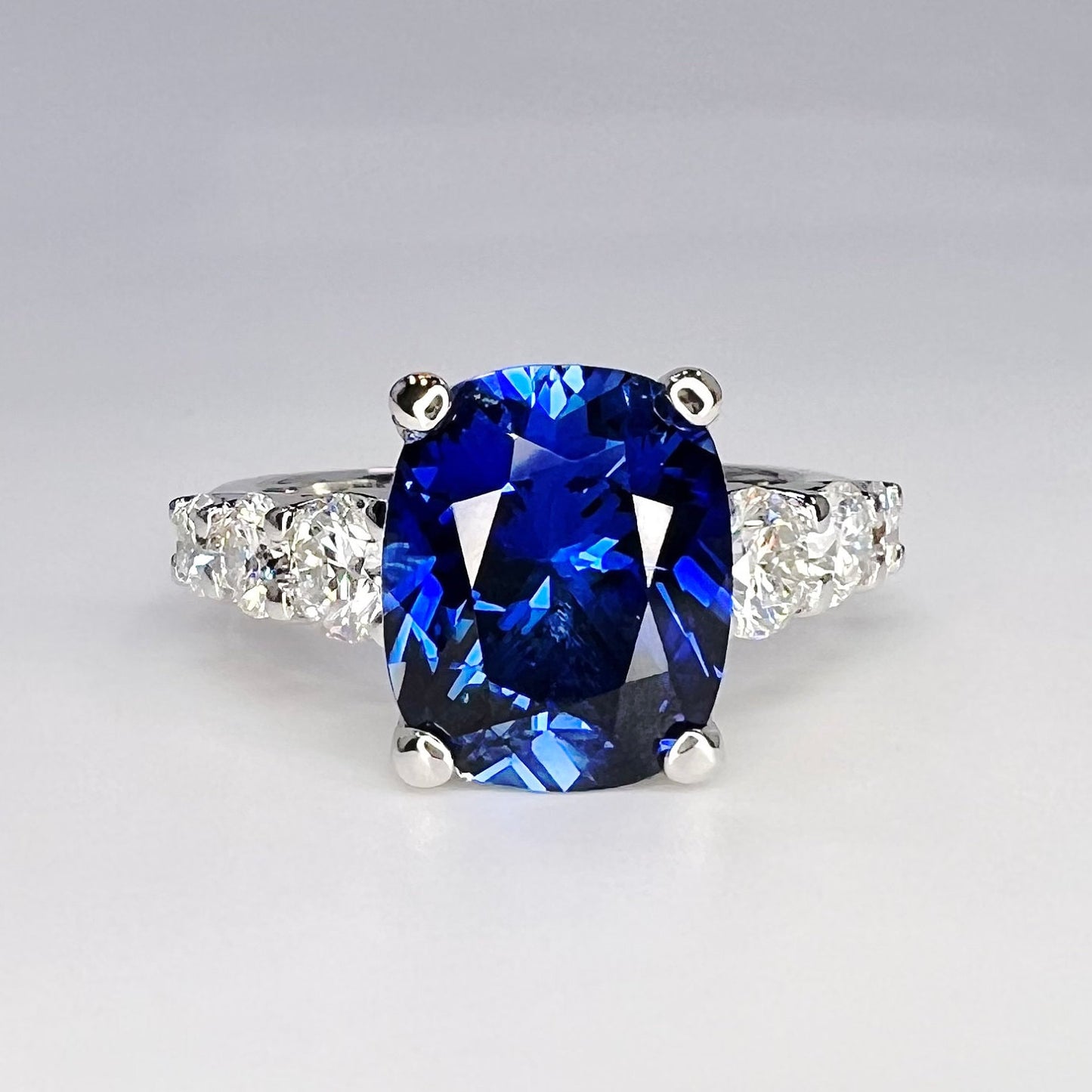 Elongated Cushion Cut Engagement Ring / Blue Sapphire Wedding Ring / Sapphire And Moissanite Ring / 14k White Gold / #6398