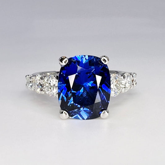 Elongated Cushion Cut Engagement Ring / Blue Sapphire Wedding Ring / Sapphire And Moissanite Ring / 14k White Gold / #6398