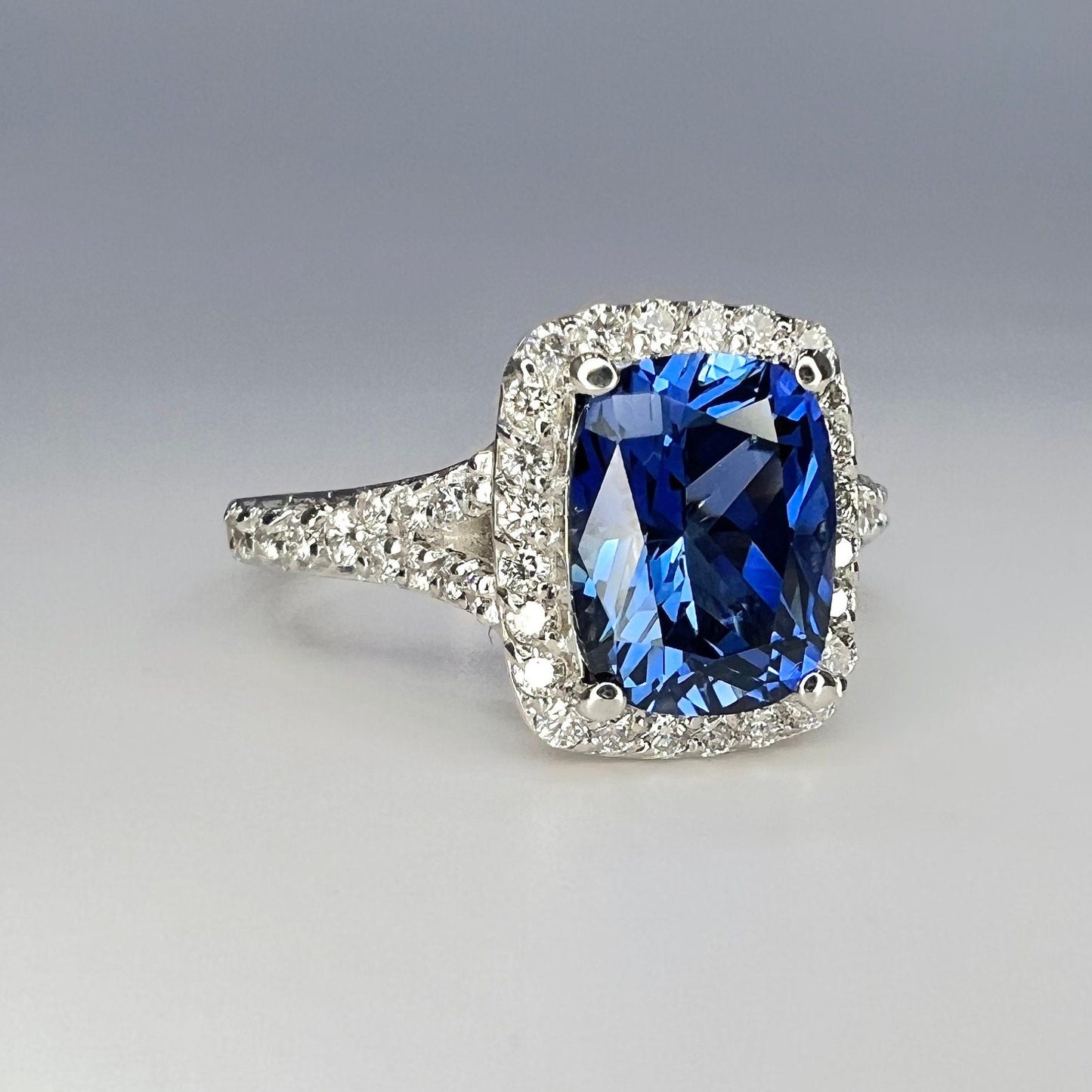 Elongated Cushion Blue Sapphire Engagement Ring With Diamond Halo, Moissanite Split Shank Band Setting In 14K White Gold # 6957 #5479