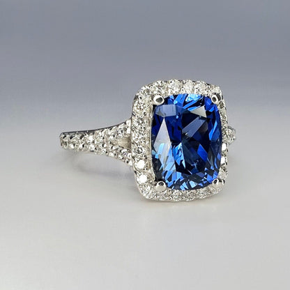 Elongated Cushion Blue Sapphire Engagement Ring With Diamond Halo, Moissanite Split Shank Band Setting In 14K White Gold # 6957 #5479