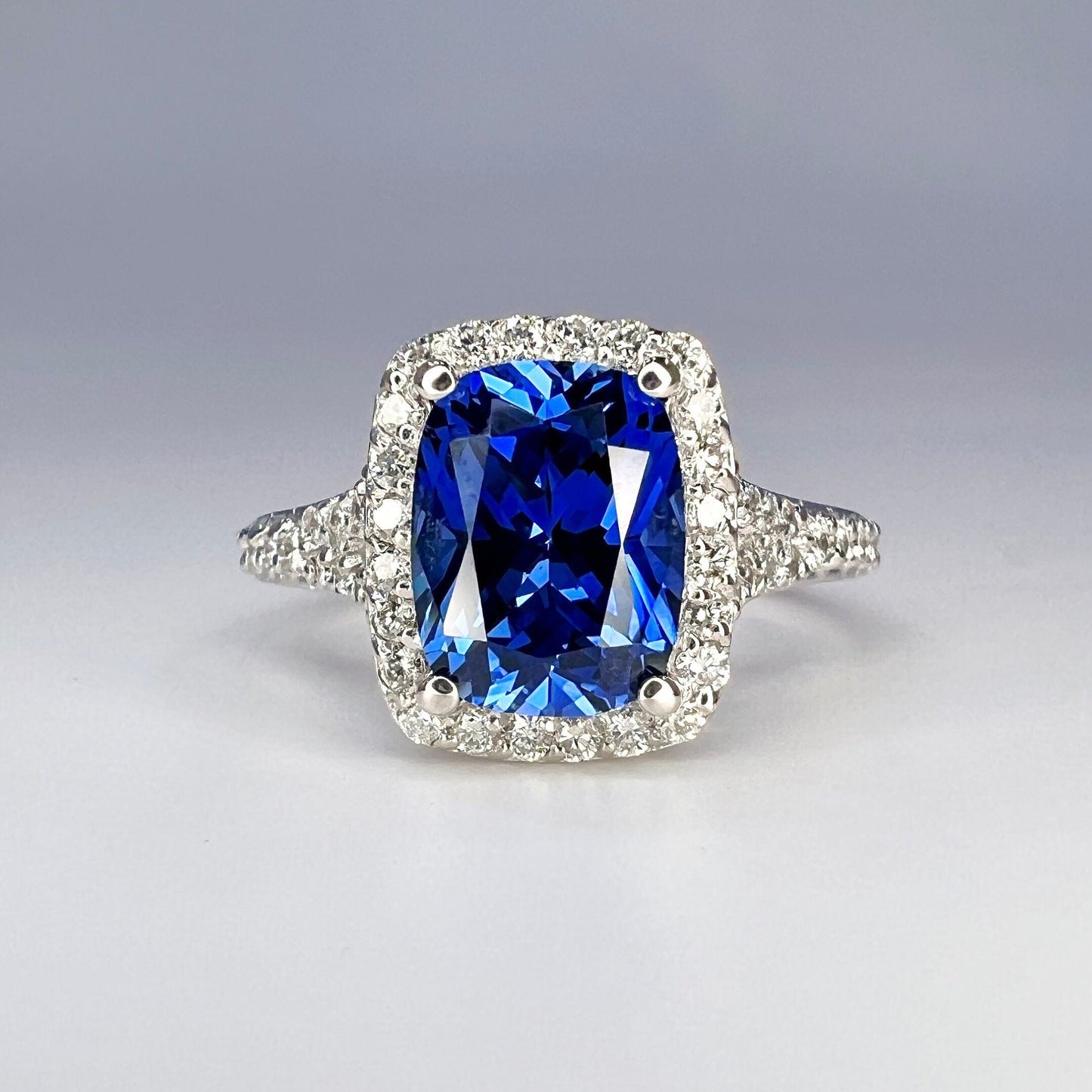 Elongated Cushion Blue Sapphire Engagement Ring With Diamond Halo, Moissanite Split Shank Band Setting In 14K White Gold # 6957 #5479