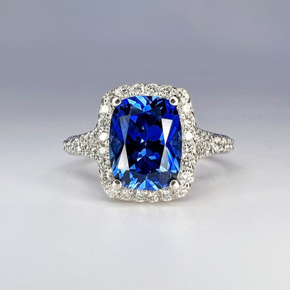 Elongated Cushion Blue Sapphire Engagement Ring With Diamond Halo, Moissanite Split Shank Band Setting In 14K White Gold # 6957 #5479