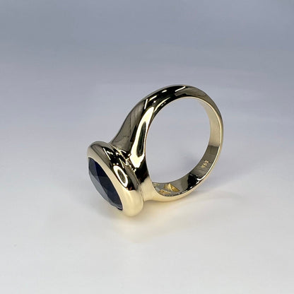Oval Shape Bue Sapphire Engagement Ring 14K Yellow Gold Unisex Rings, Large Oval Bezel Set Solitaire Engagement Ring Solid Gold Unisex, 6303