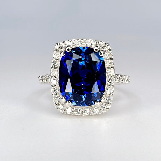 Elongated cushion cut rich blue sapphire engagement ring with Moissanite or Diamond Accents /  halo style setting  in 14k white gold#6550