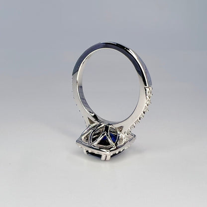 Elongated cushion cut rich blue sapphire engagement ring with Moissanite or Diamond Accents /  halo style setting  in 14k white gold#6550