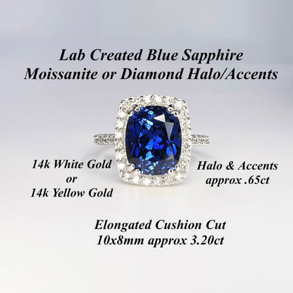 Elongated cushion cut rich blue sapphire engagement ring with Moissanite or Diamond Accents /  halo style setting  in 14k white gold#6550