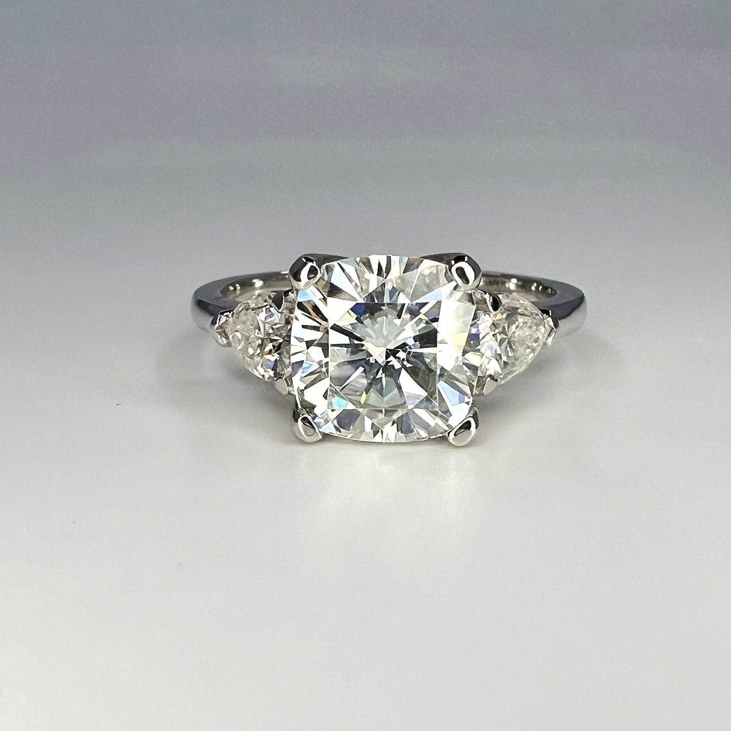 Moissanite Cushion Cut Engagement Ring, Enagaement Ring With Pear Shape Accents, Gift for her, 14K White Gold  #6751 #5256