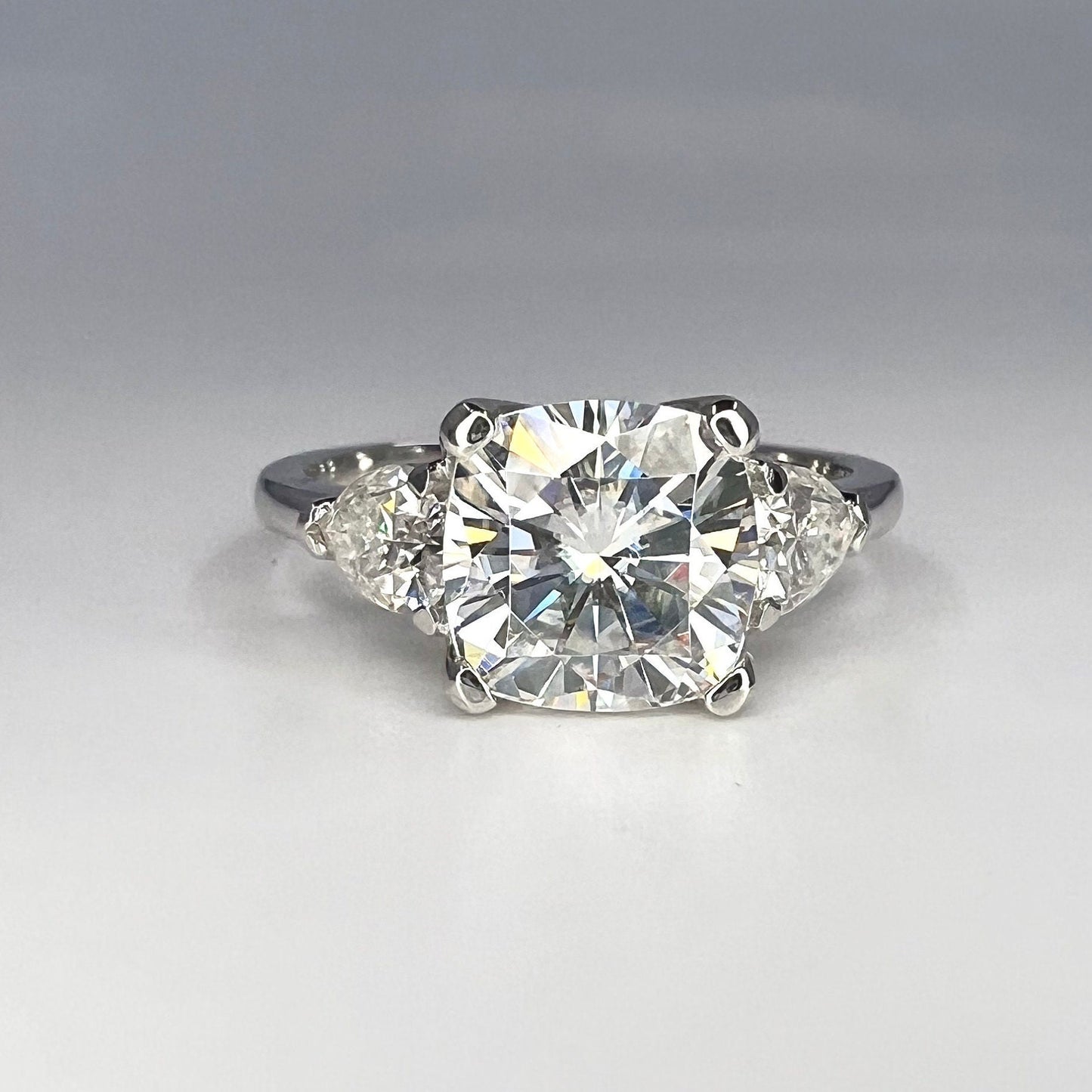 Moissanite Cushion Cut Engagement Ring, Enagaement Ring With Pear Shape Accents, Gift for her, 14K White Gold  #6751 #5256