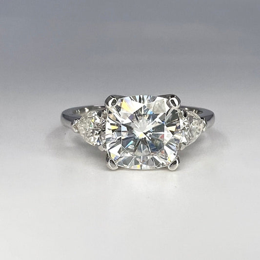 Moissanite Cushion Cut Engagement Ring, Enagaement Ring With Pear Shape Accents, Gift for her, 14K White Gold  #6751 #5256