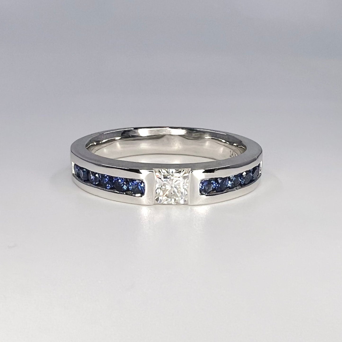 Mens Moissanite and Blue Sapphire Wedding Band 14K Solid Gold Mens White Gold Wedding Band, Wide Wedding Band, Blue Sapphire Mens Band #8183