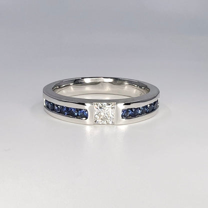 Mens Moissanite and Blue Sapphire Wedding Band 14K Solid Gold Mens White Gold Wedding Band, Wide Wedding Band, Blue Sapphire Mens Band #8183