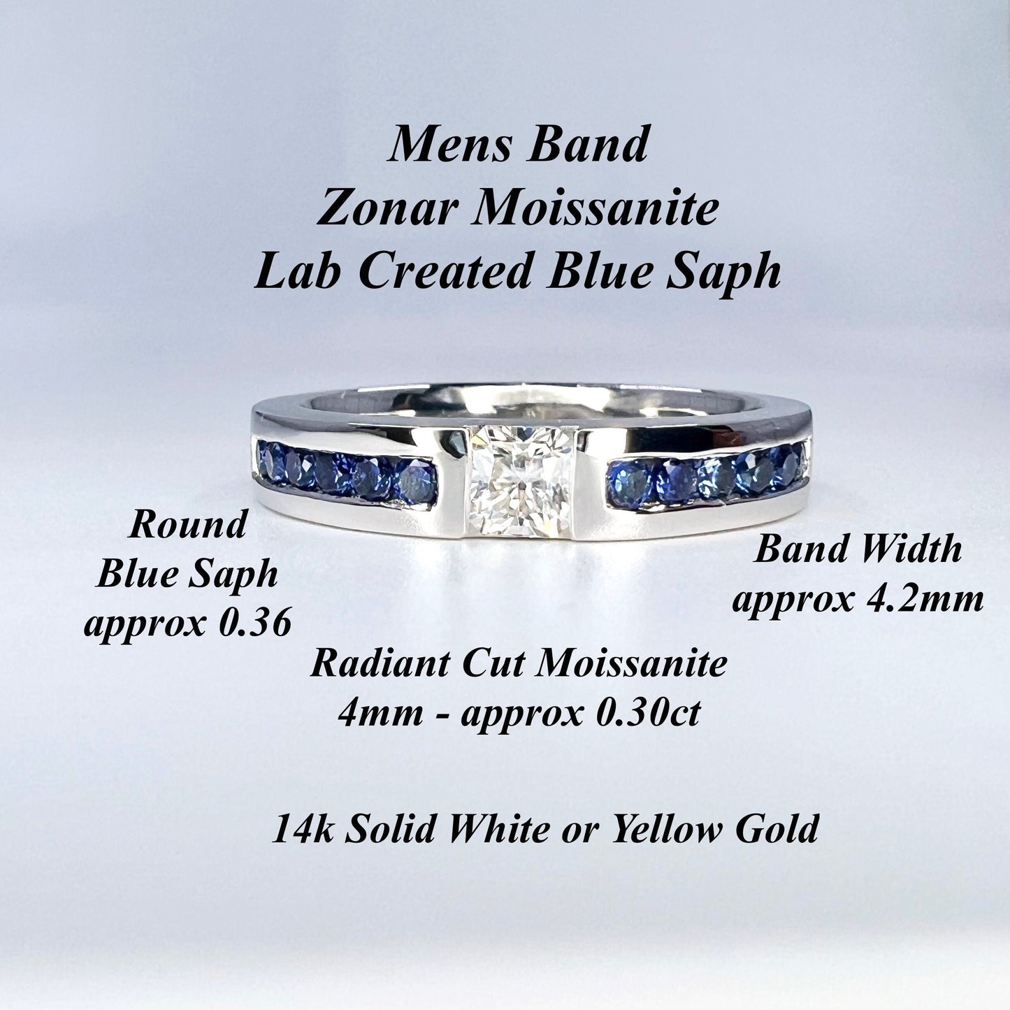 Mens Moissanite and Blue Sapphire Wedding Band 14K Solid Gold Mens White Gold Wedding Band, Wide Wedding Band, Blue Sapphire Mens Band #8183