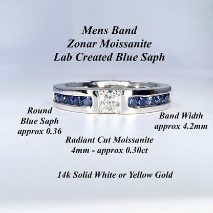 Mens Moissanite and Blue Sapphire Wedding Band 14K Solid Gold Mens White Gold Wedding Band, Wide Wedding Band, Blue Sapphire Mens Band #8183