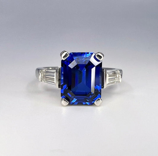 Emerald Cut Blue Sapphire Engagement Ring With Baguette Accents Set In 14k Yellow Gold 3.00 ctw #6802 #6803