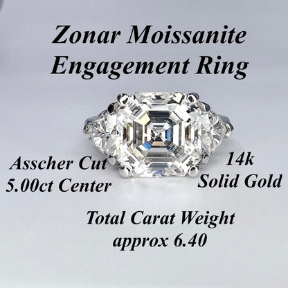 Asscher Cut Engagement Ring / Moissanite Wedding Ring / Asscher and Trillion Ring / 14k White Gold