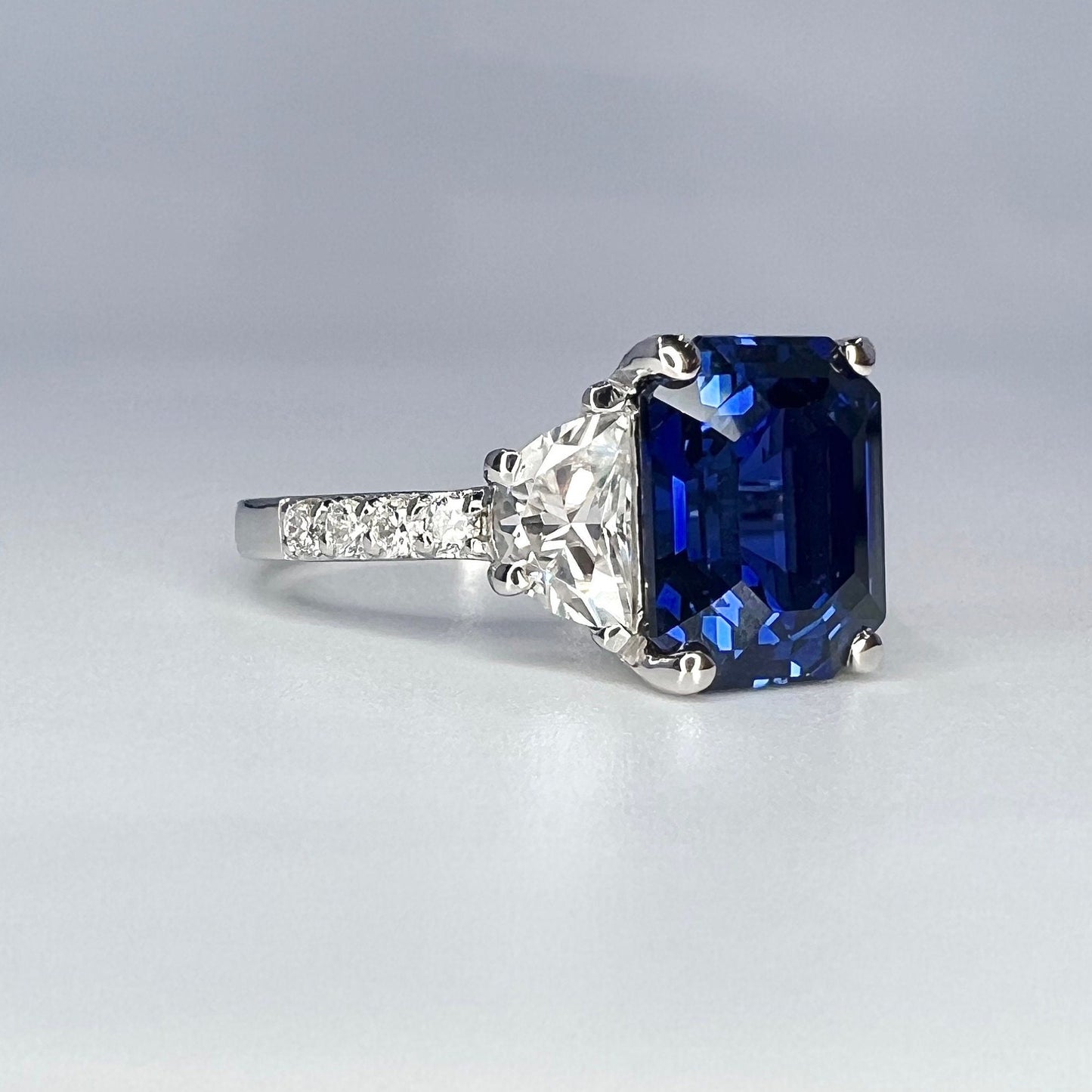Emerald Cut Blue Sapphire Engagement Ring, Moissanite Ring, Blue Sapphire Ring, Half-Moon Moissanite Accents, 14k White Gold  Ring, #6458