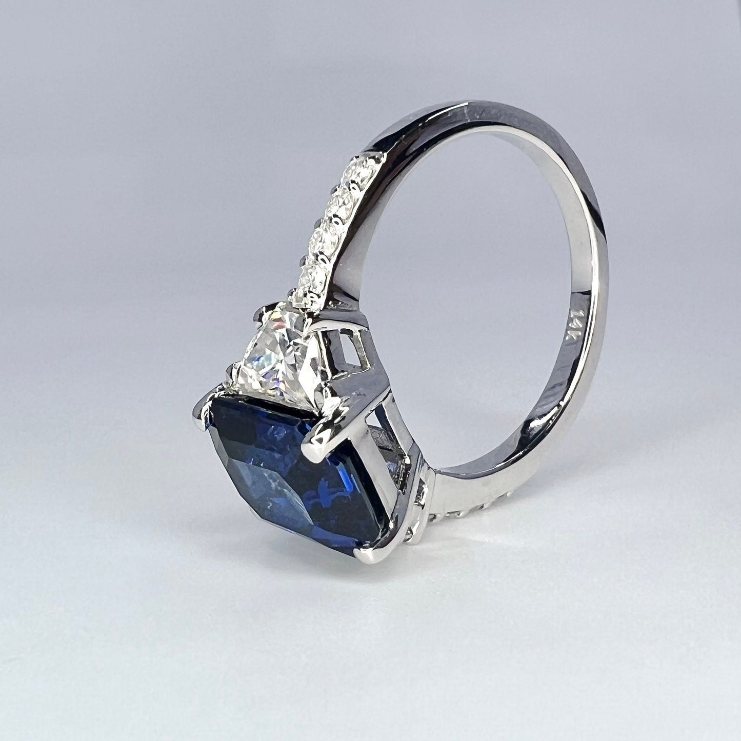 Emerald Cut Blue Sapphire Engagement Ring, Moissanite Ring, Blue Sapphire Ring, Half-Moon Moissanite Accents, 14k White Gold  Ring, #6458