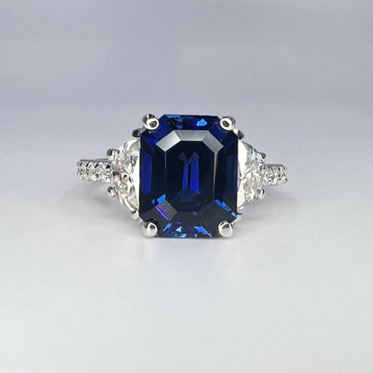 Emerald Cut Blue Sapphire Engagement Ring, Moissanite Ring, Blue Sapphire Ring, Half-Moon Moissanite Accents, 14k White Gold  Ring, #6458