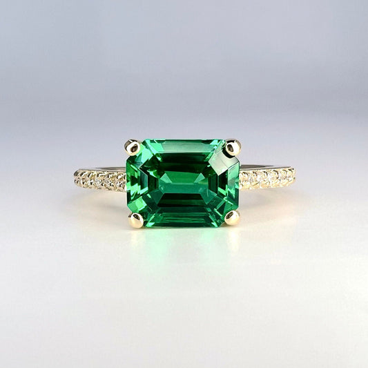 Emerald cut emerald engagement ring, with round Moissanite accents 2.70ctw 14k yellow gold east west emerald cut green emerald ring,  #5958