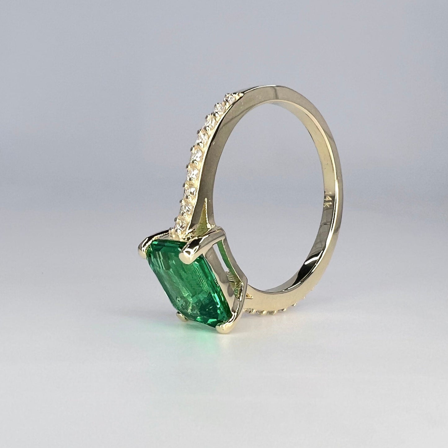 Emerald cut emerald engagement ring, with round Moissanite accents 2.70ctw 14k yellow gold east west emerald cut green emerald ring,  #5958