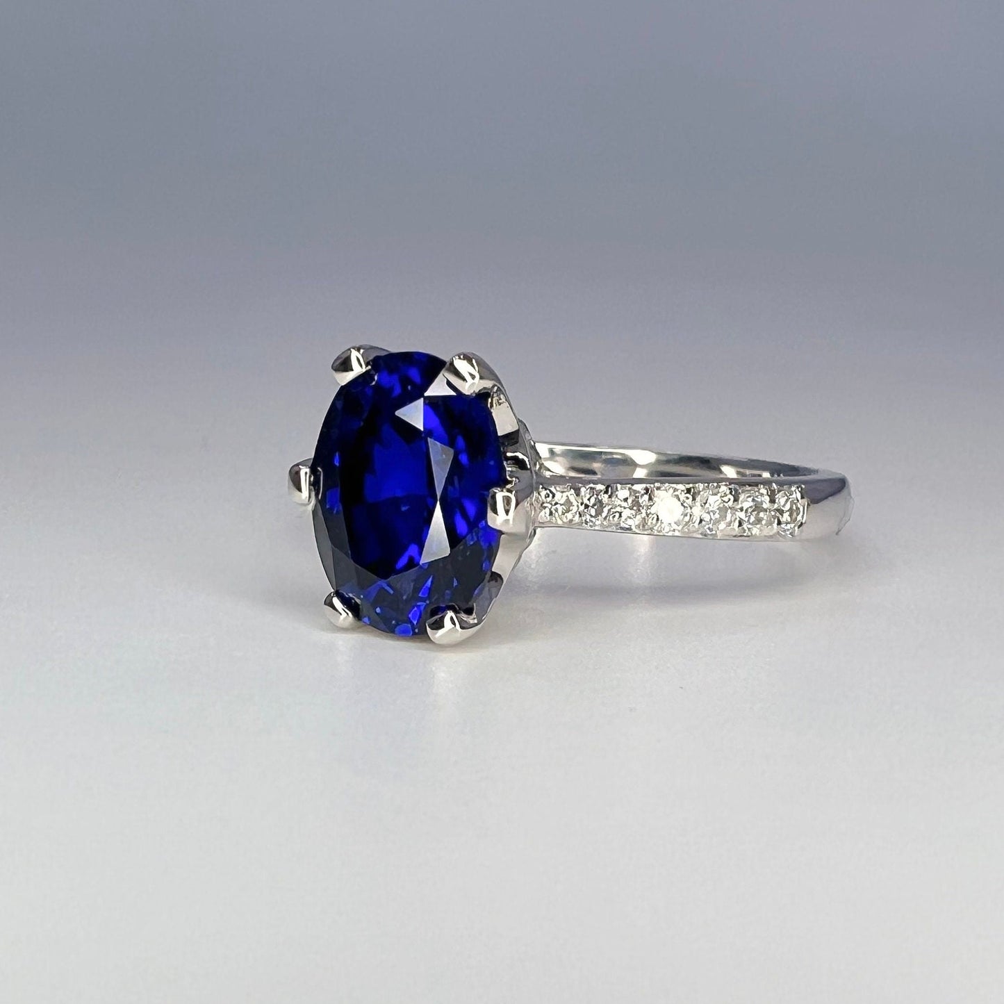 Blue Sapphire Engagement Ring, Oval Sapphire with Natural Diamonds, Moissanite Ring, Blue Sapphire and Moissanite Ring, 14K White Gold #6809