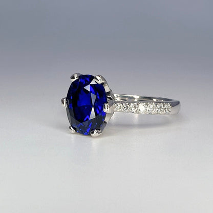 Blue Sapphire Engagement Ring, Oval Sapphire with Natural Diamonds, Moissanite Ring, Blue Sapphire and Moissanite Ring, 14K White Gold #6809