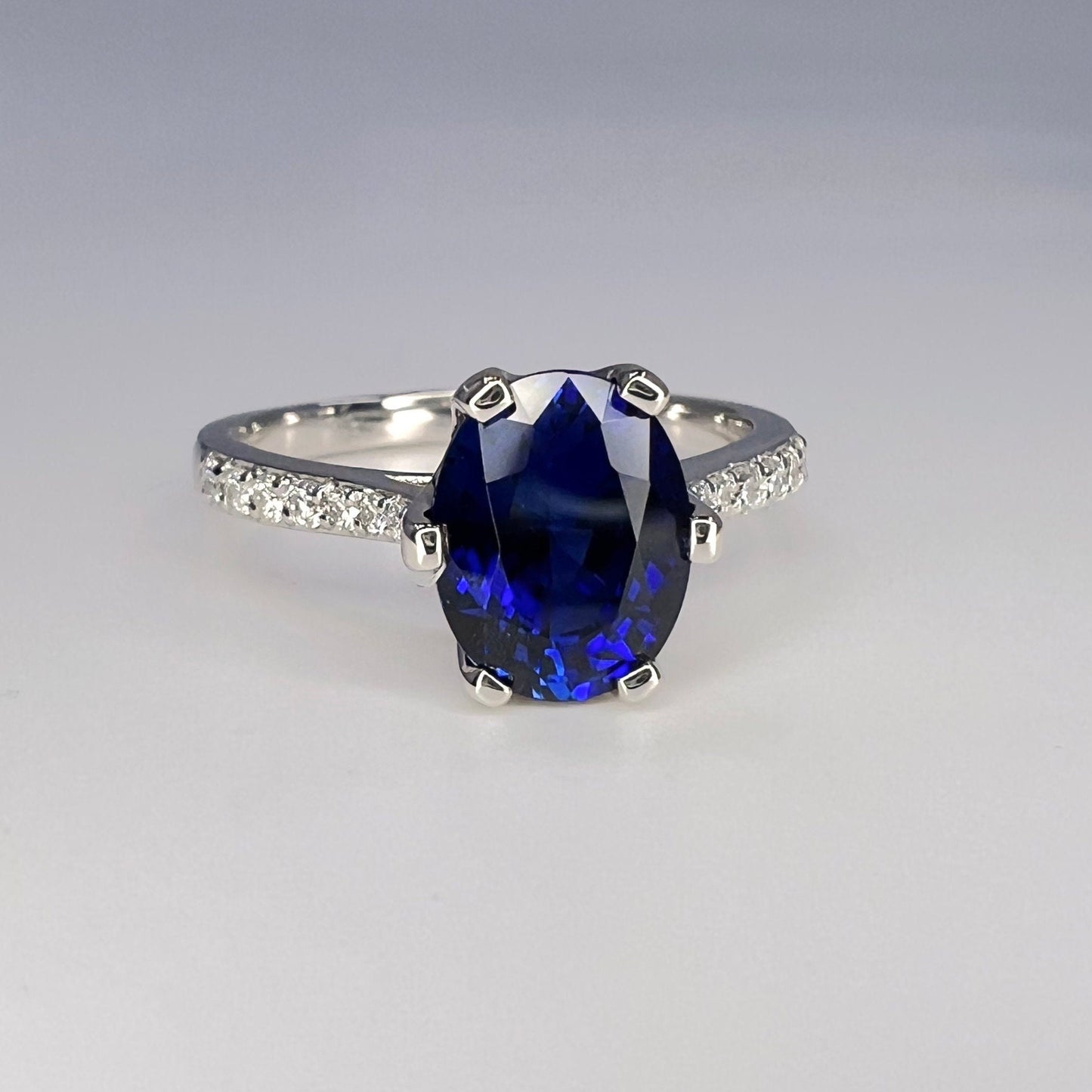 Blue Sapphire Engagement Ring, Oval Sapphire with Natural Diamonds, Moissanite Ring, Blue Sapphire and Moissanite Ring, 14K White Gold #6809