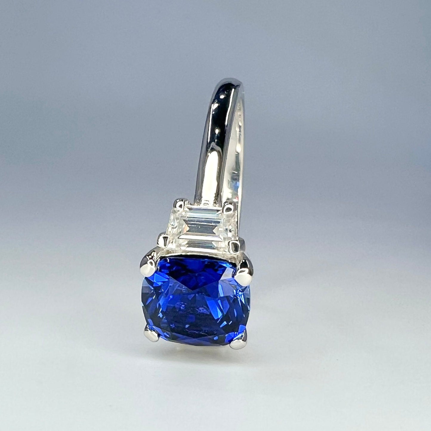 Blue Sapphire And Moissanite Engagement Ring, Cushion Cut Sapphire And Moissanite Three Stone Wedding Ring, 14k White Gold Ladies Ring