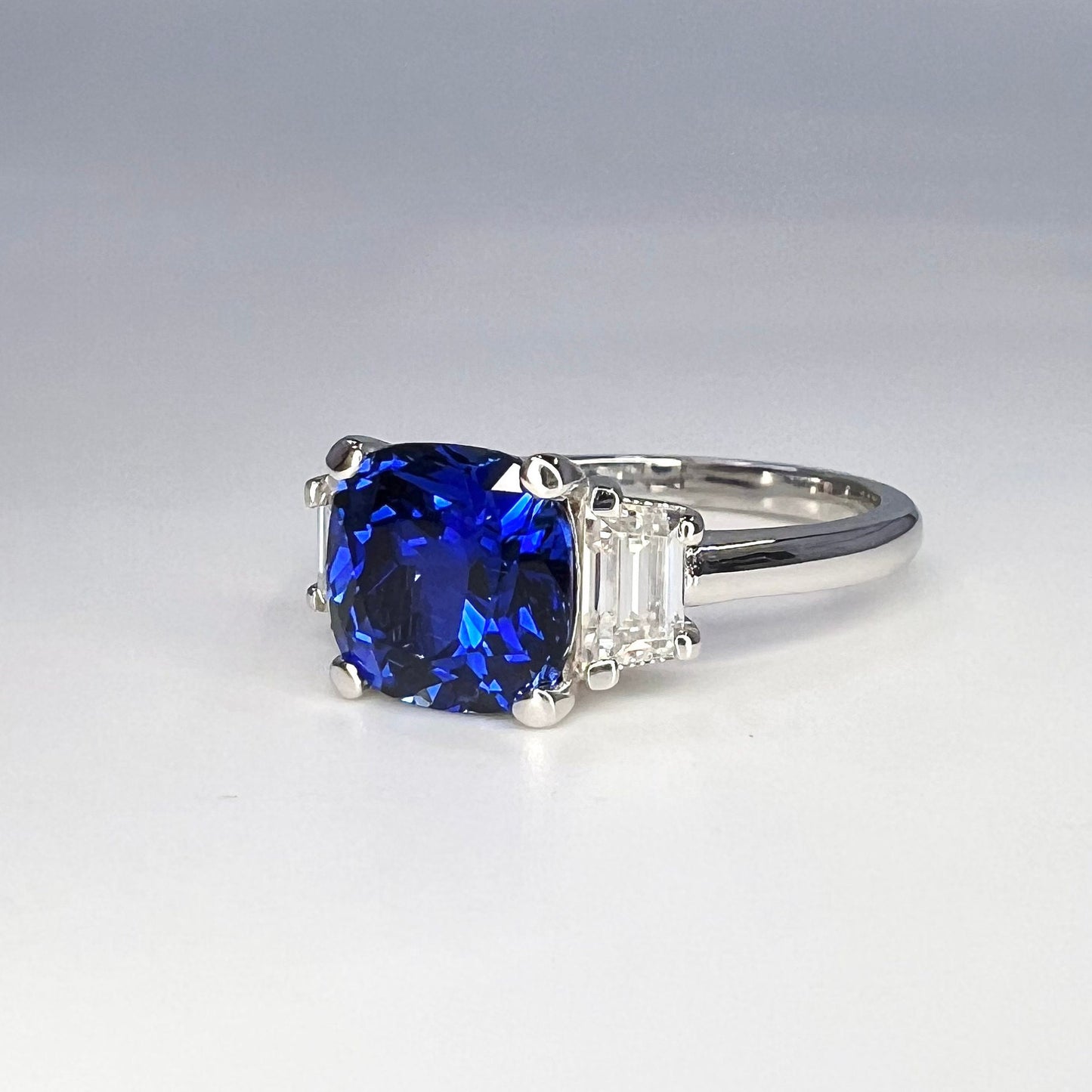 Blue Sapphire And Moissanite Engagement Ring, Cushion Cut Sapphire And Moissanite Three Stone Wedding Ring, 14k White Gold Ladies Ring