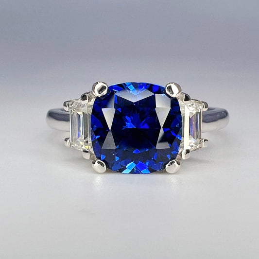 Blue Sapphire And Moissanite Engagement Ring, Cushion Cut Sapphire And Moissanite Three Stone Wedding Ring, 14k White Gold Ladies Ring