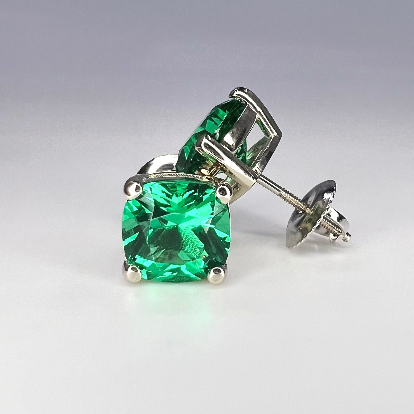 Stud Earrings Cushion Cut Green Emerald 14K White Gold Emerald  Stud Earrings, Simple Emerald Earrings May Birthstone Studs minimalist #5725